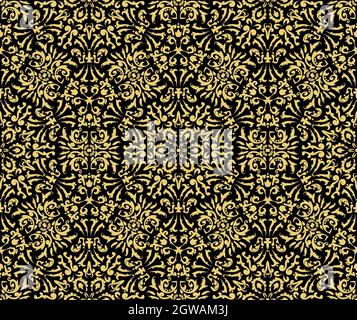 Vintage Seamless Pattern with Golden Ornaments on a black background. For fabric, wallpaper, venetian pattern,textile, packaging. Stock Vector