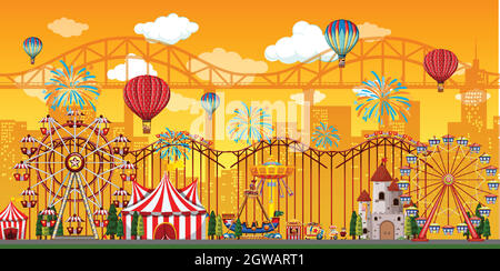 Free Vector  Amusement park scene at daytime with rainbow in the sky