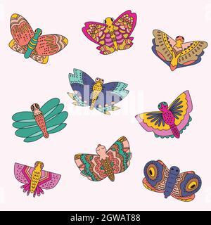 Hand Drawn Butterflies. Moth, insect, flying bugs, night critters. Colored doodles. Stock Vector