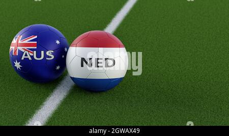 Australia vs. Netherlands Soccer Match - Leather balls in Australia and Netherlands national colors. 3D Rendering Stock Photo