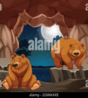 Two brown bears in cave Stock Vector