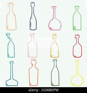 Hand Drawn Bottles. Potion vials, old medicine, unique apothecary flasks, vintage wine bottles. Colored Outline. Stock Vector