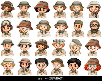 Set of different characters of boys and girls scout costume on a white ...