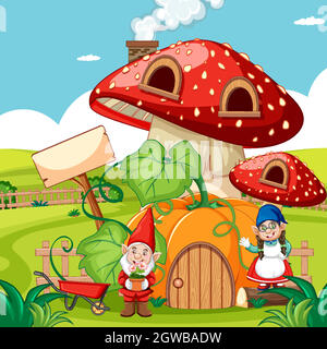 Gnomes and pumpkin mushroom house and in the garden cartoon style on garden background Stock Vector
