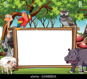 Board template with wild animals in the woods Stock Vector