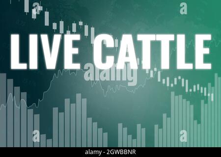 Price change on trading Live Cattle on green finance background from graphs, charts, columns, candles, bars. Trend Up and Down, Flat. 3D render. Finan Stock Photo