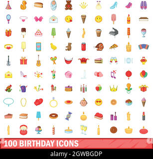 100 birthday icons set, cartoon style Stock Vector