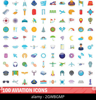 100 aviation icons set, cartoon style Stock Vector