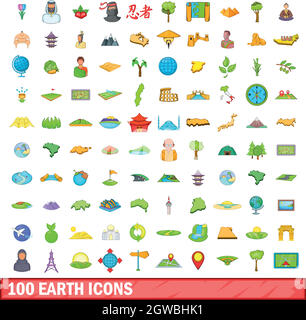 100 earth icons set, cartoon style Stock Vector