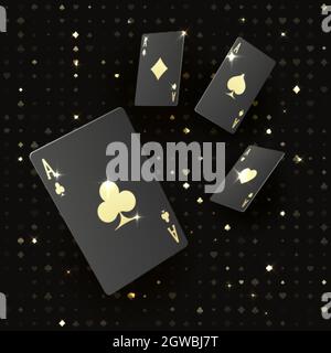 Four black poker cards with gold suit. Quads or four of a kind by ace. Casino banner or poster in royal style. Vector illustration Stock Vector