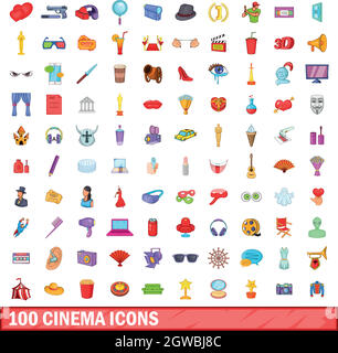 100 cinema icons set, cartoon style Stock Vector