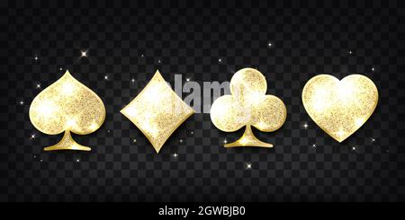 Poker cards suit. Four casino playing card golden glitter symbols. Design element. Vector illustration Stock Vector