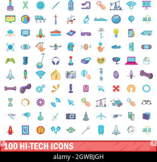 100 hi-tech icons set, cartoon style Stock Vector