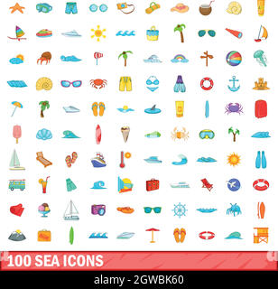 100 sea icons set, cartoon style Stock Vector