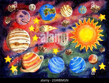 The planets of the solar system around the sun Watercolor design of space and astronomy. Universe galaxy Earth, Mars and Mercury, Saturn, Jupiter, Ura Stock Photo