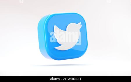 Valencia, Spain - October, 2021: Isolated Twitter logo bird icon, floating blue symbol for smartphones on white in 3D rendering. Free social media net Stock Photo