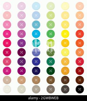 Colored buttons. Rainbow sewing round button. Four holes. Crossed thread. Stock Vector