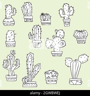 Cactus in flower pots. Hand drawn succulent. Tropical house plants. Black and white. Stock Vector
