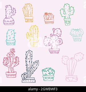 Cactus in flower pots. Hand drawn succulent. Tropical house plants. Colored outline. Stock Vector