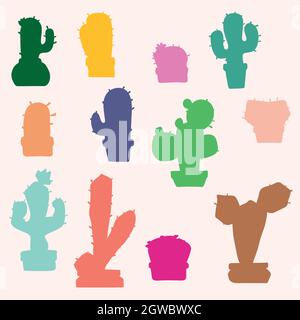 Cactus in flower pots. Hand drawn succulent. Tropical house plants. Colored silhouette. Stock Vector