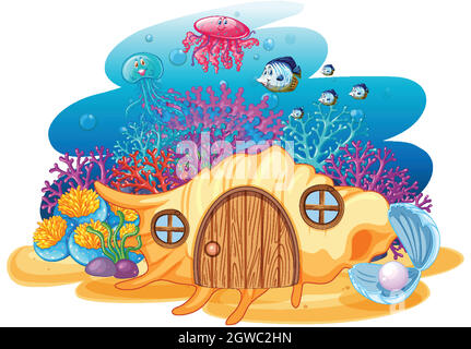 Shell house and sealife in underwater cartoon style on white background Stock Vector