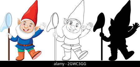 Gnome in color and outline and silhouette in cartoon character on white background Stock Vector