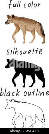 Set of hyena in color, silhouette and black outline on white background Stock Vector