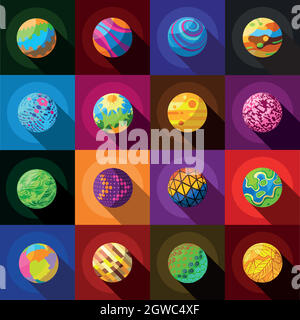 Fantastic colorful planets icons set, flat style Stock Vector