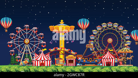 Amusement park scene at night with balloons and fireworks illustration ...