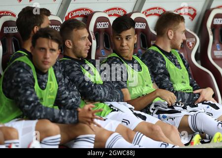 Turin, Italy, 2nd October 2021. Kaio Jorge of Juventus discusses with fellow Brazilian Arthur whilst on the bench before later making his debut in the Serie A match at Stadio Grande Torino, Turin. Picture credit should read: Jonathan Moscrop / Sportimage Stock Photo