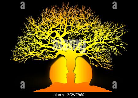 Human faces and tree silhouette, 3d rendering Stock Photo