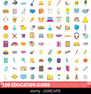 100 education icons set, cartoon style Stock Vector