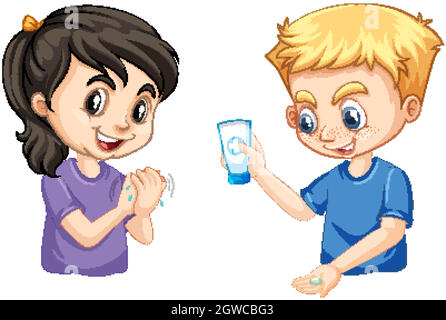 Boy and girl washing hands using hand gel Stock Vector