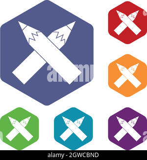 Two crossed pencils icons set Stock Vector