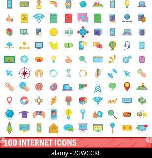 100 internet icons set, cartoon style Stock Vector