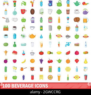 100 beverage icons set, cartoon style Stock Vector