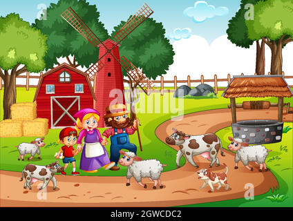 Old MacDonald in a farm nursery rhymes scene Stock Vector