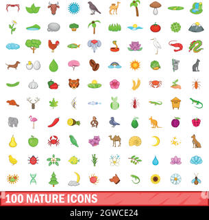 100 nature icons set, cartoon style Stock Vector