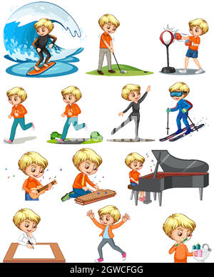 Set of a boy doing different activities Stock Vector