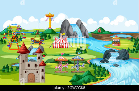 Amusement park with castle and many rides landscape scene Stock Vector