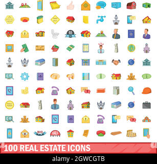 100 real estate icons set, cartoon style Stock Vector