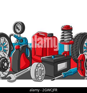 Car service seamless pattern. Auto center repair background for advertising with transport items. Stock Vector