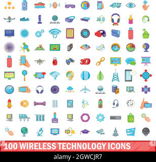 100 wireless technology icons set, cartoon style Stock Vector
