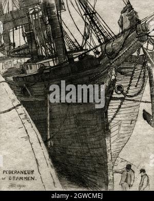 Three-masted sailing ship in dry dock.  1900 etching, monogrammed and dated by Scots artist, Hugh Paton  (1853 - 1927), an Associate member of the Royal Society of Painter-Etchers and Engravers.  The etching is captioned 'Pederaneus of Brammen', which probably refers to Bremen in Germany.  The dry dock is possibly the Northumberland Dock on the River Tyne at North Shields, Tyne & Wear, England, where the Pederaneus was berthed for several weeks in September 1900.  Towards the right margin are two shipyard workers, inspecting the ship's prow. Stock Photo