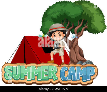 Font design for word summer camp with girl and red tent Stock Vector