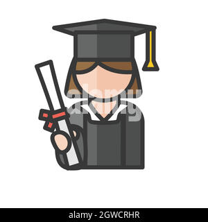 Female graduate student avatar. Woman with square academic cap character. Profile user, person. People icon. Vector illustration Stock Vector