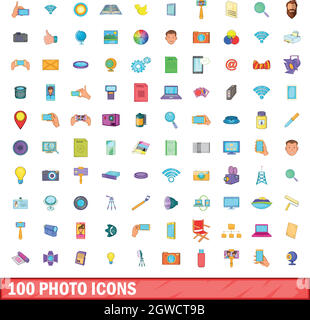 100 photo icons set, cartoon style Stock Vector