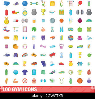 100 gym icons set, cartoon style Stock Vector