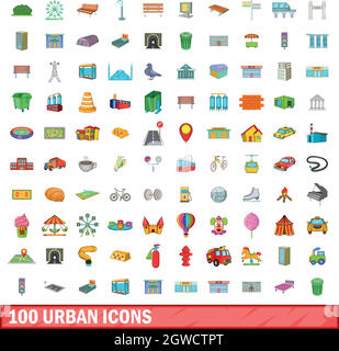 100 urban icons set, cartoon style Stock Vector