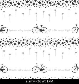 Bicycle and stars vector seamless pattern. Bicycles and balloon black and white print. Stock Vector
